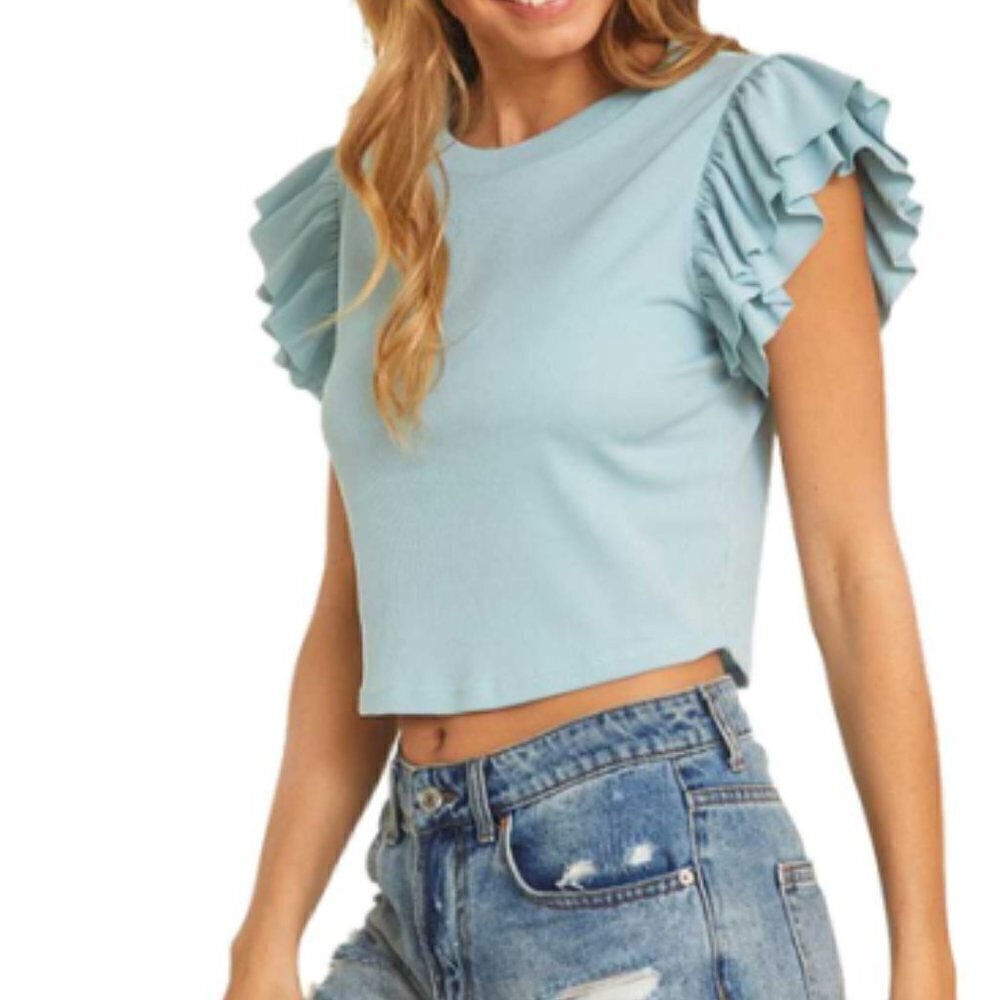 TIME after time women's blue ruffled sleeve crop top
